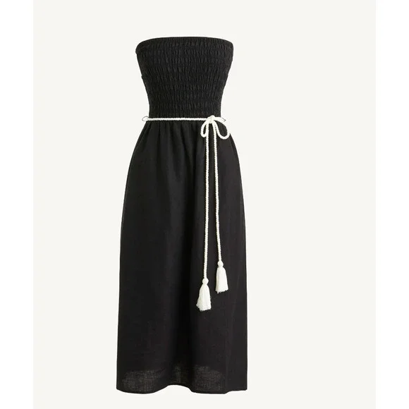 NWT J. Crew Smocked Linen Bandeau Beach Dress M Black Travel Resort Cruise BQ990 - Picture 3 of 4